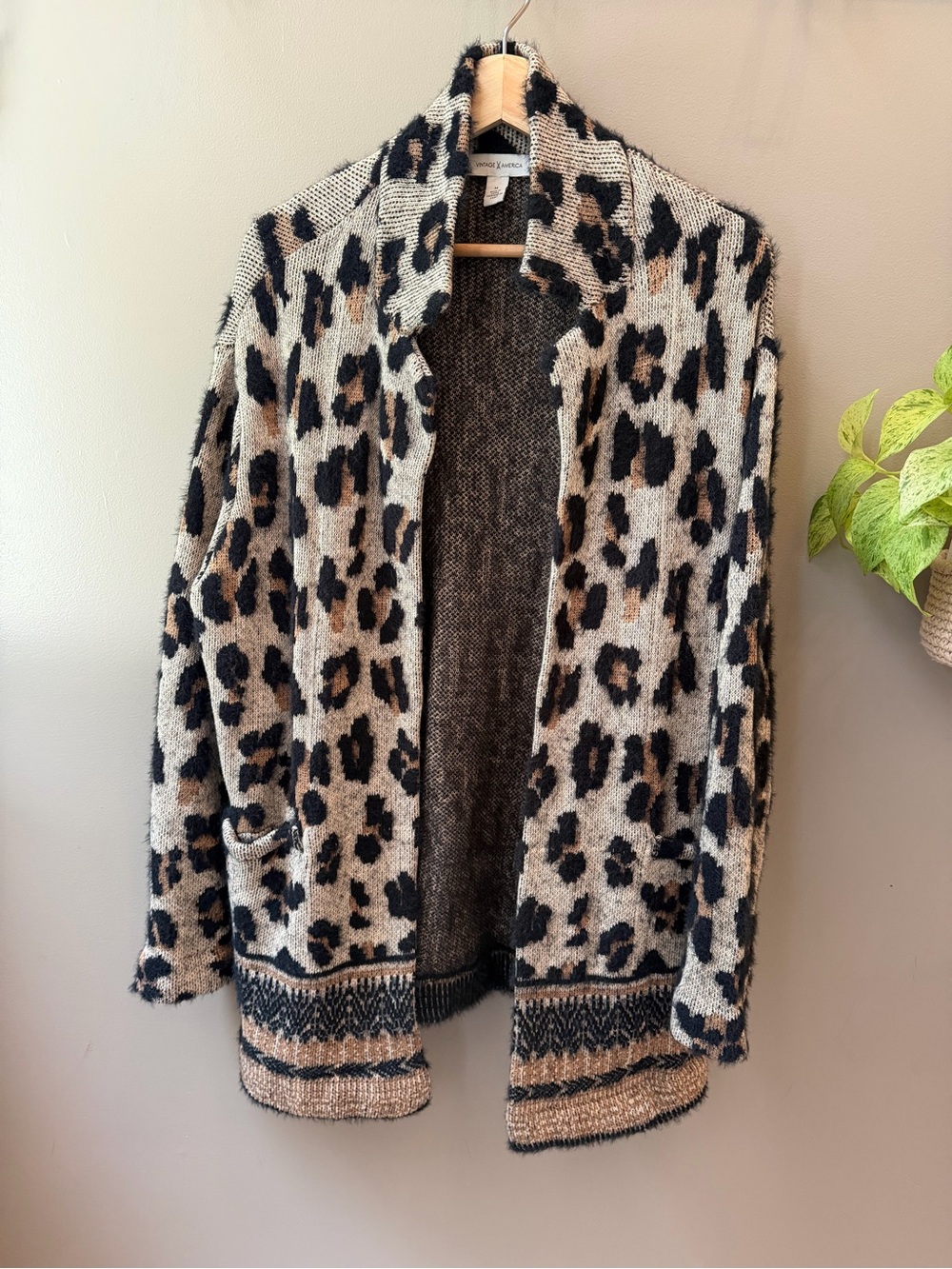 Vintage America Open Leopard Cardigan Sweater - Beige & Black